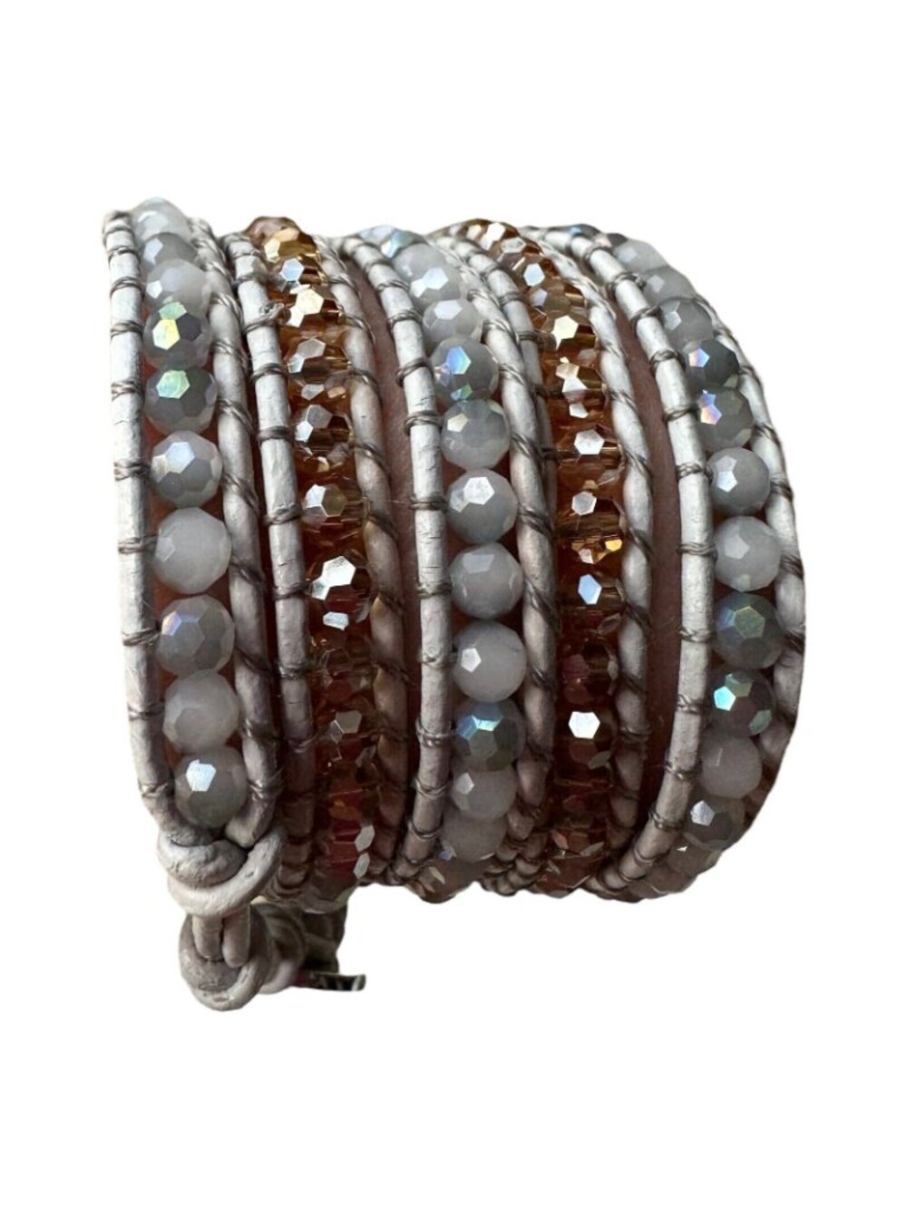 Victoria Emerson Leather Wrap Bracelet Quartz Crystal Beads 36" White Rose Gold - Picture 3 of 16